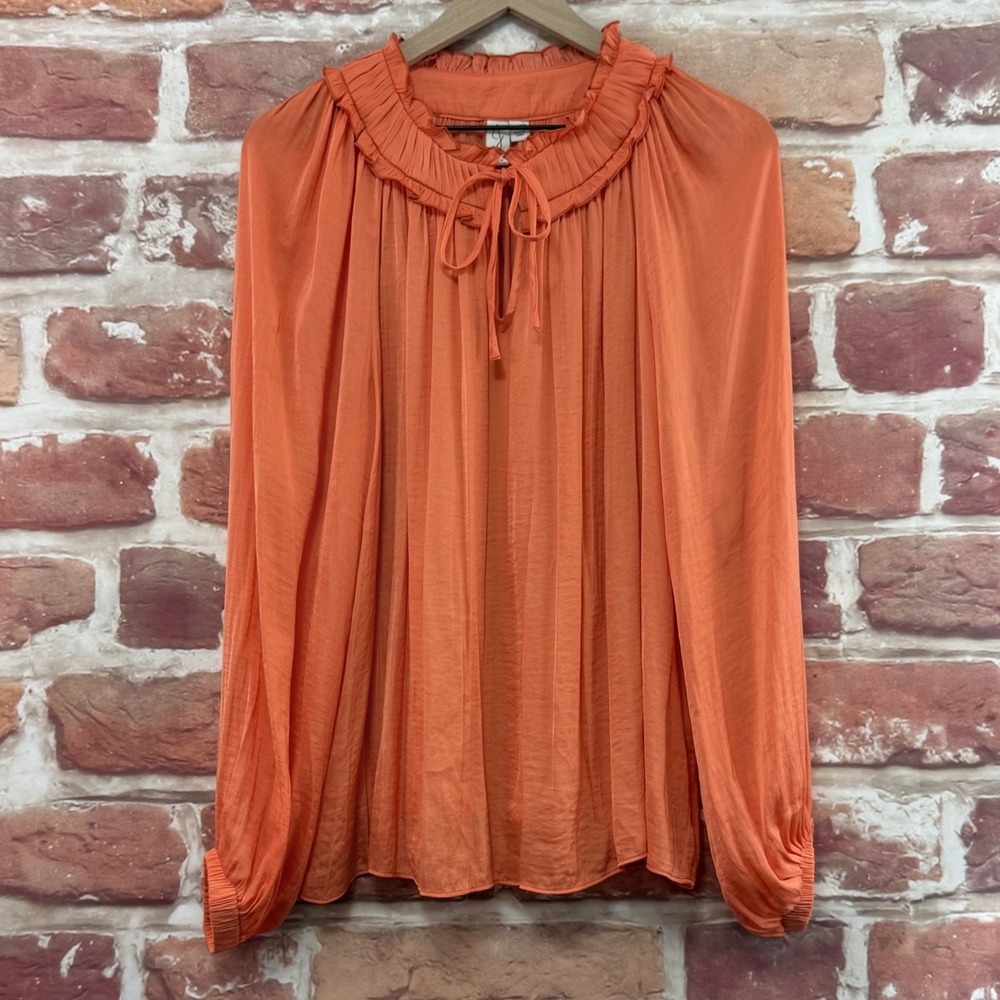 Joie Top Women's XL Orange Satin Crinkle Chic Ruffle Peasant Sleeve Shirt